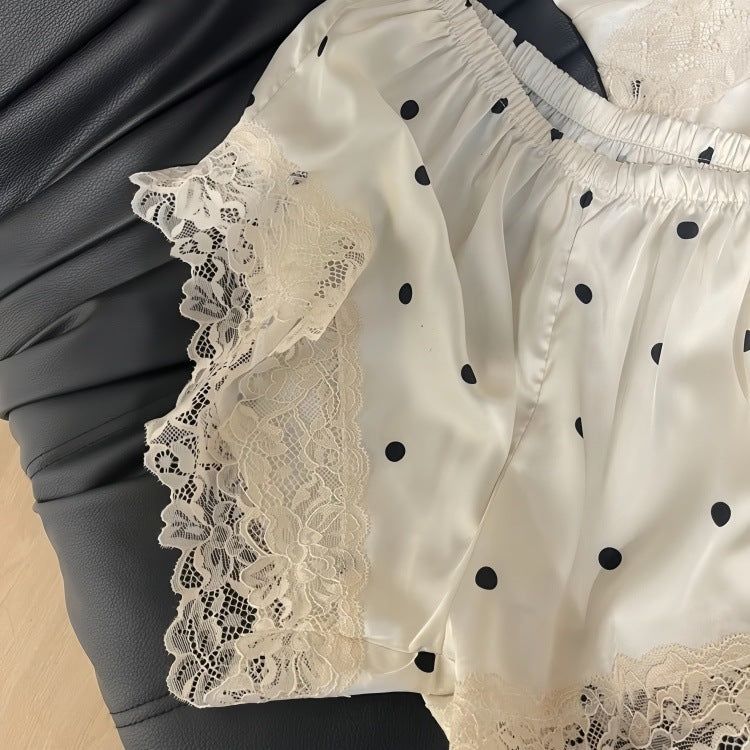 Pajamas Women's Summer Thin Ice Silk Sling Shorts suit Sweet Style Dot Lace Nightgown Home Clothes
