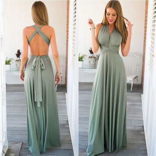 Pure Color Variety Of Ways Sexy Strappy Red Dress Long Skirt Dress Bridesmaid Dress