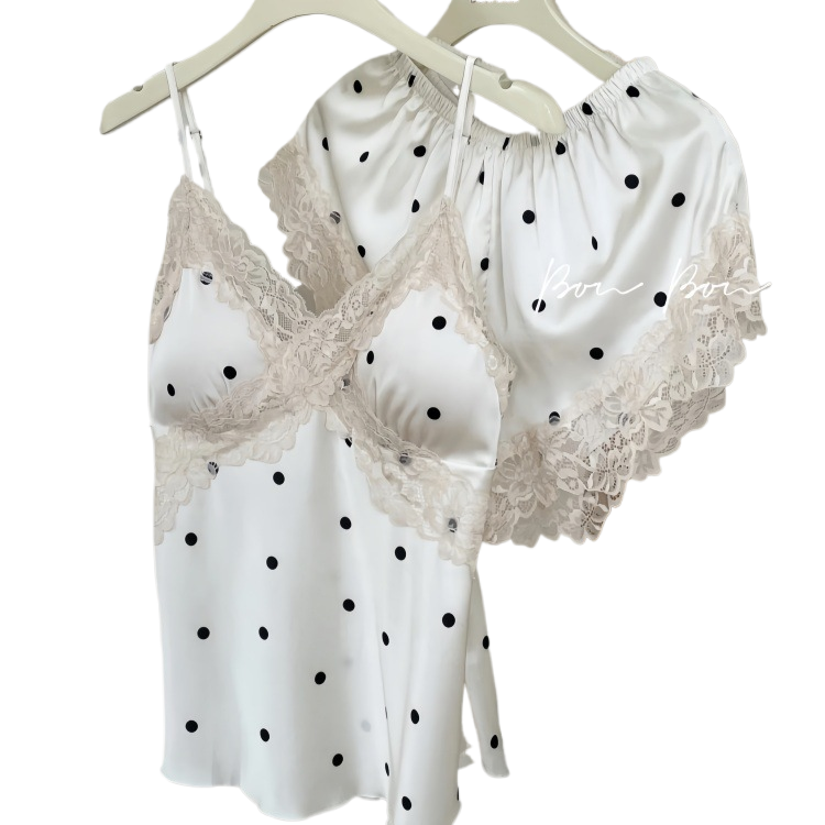 Pajamas Women's Summer Thin Ice Silk Sling Shorts suit Sweet Style Dot Lace Nightgown Home Clothes