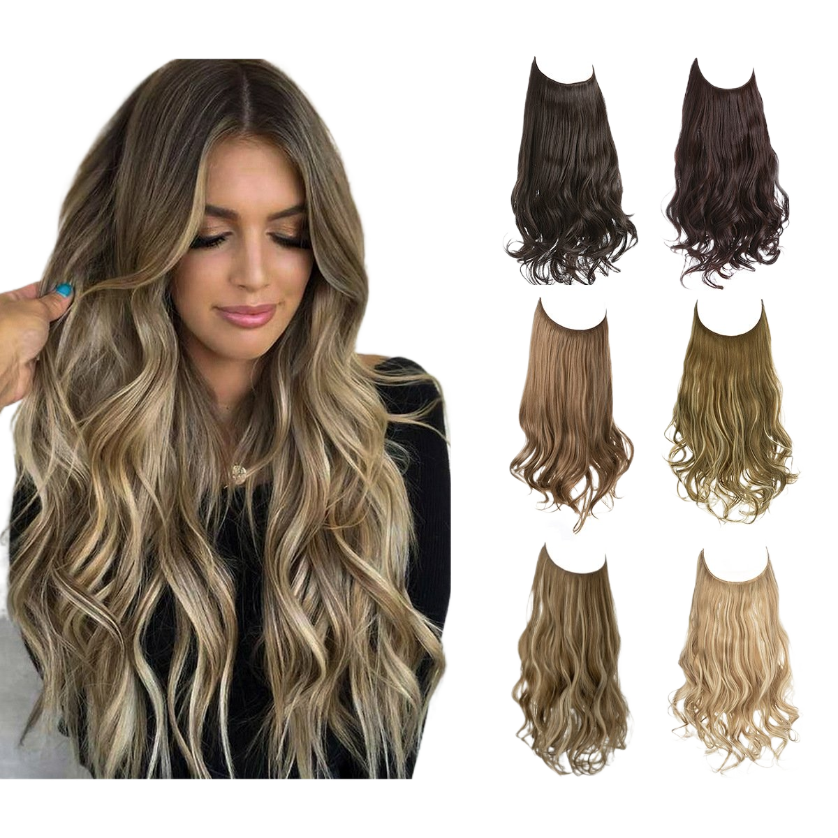 European and American wig one-piece hair quantity multiple U-shaped hair extension female fishing line wig invisible natural long curly hair